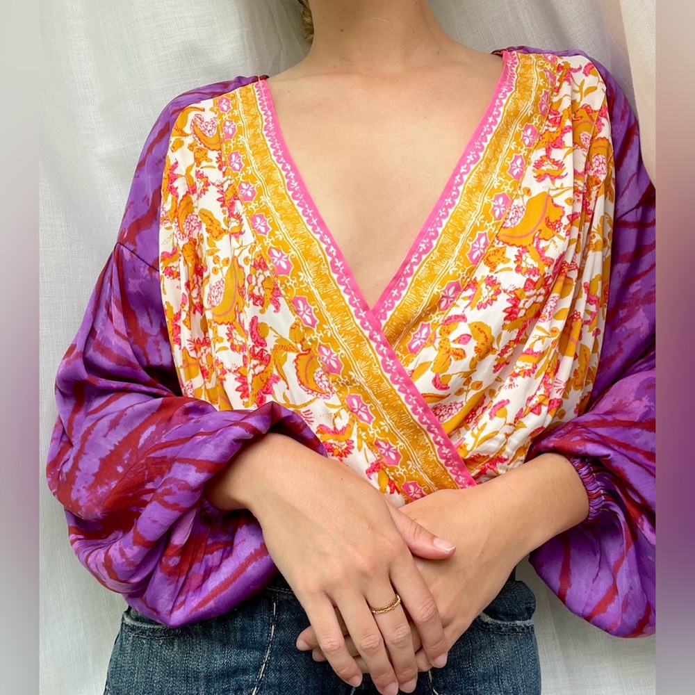 Free People Purple Cruisin Together Printed Boho Gypsy Puff Sleeve Blouse